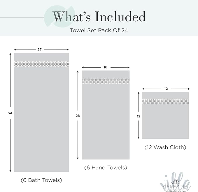 100% Cotton Bath Towel Set of 24-6 Bath Towels, 6 Hand Towels, 12 Wash Cloths, Sustainable, Soft, Highly Absorbent, Combed Cotton 24 Piece Set for Hotels, Spa, Bathroom, Dorm, Teal
