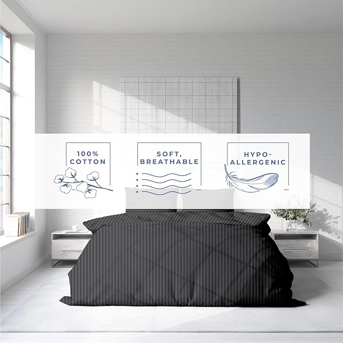 Kotton Culture 1 Pc King Size Duvet Cover Only -100% Egyptian Cotton Sateen 600 Thread Count Ultra Soft Premium Durable Comforter Cover Zipper Closure & Corner Ties (Striped Dark Grey, King 102"x94")