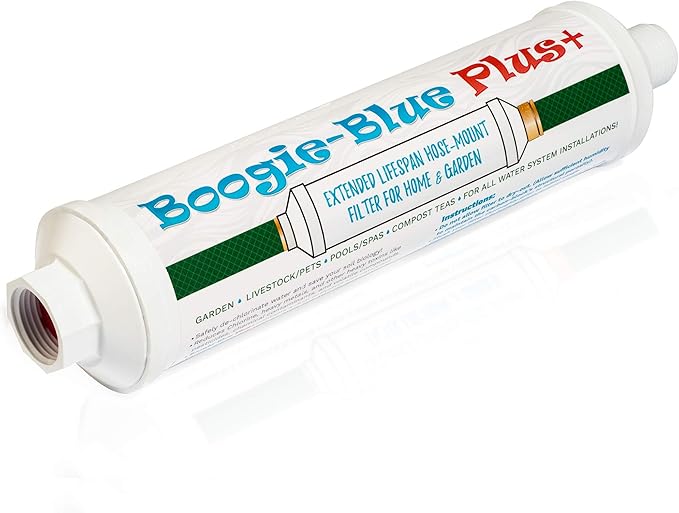 Boogie Blue Plus Garden Hose Water Filter for RV and Outdoor use - Removes Chlorine, Chloramines, VOCs, Pesticides/Herbicides Boogie Blue Plus High Capacity Filter - The Organic Gardener's Choice