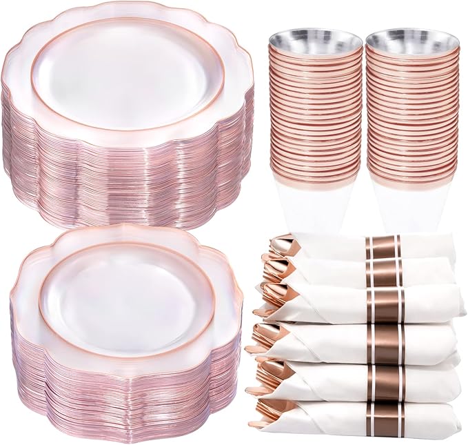 NOCCUR 350PCS Rose Gold Plastic Plates - Clear Rose Gold Disposable Dinnerware Set - Include 100 Dinner/Dessert Plates,50 Cups,50 Pre Rolled Napkins with Cutlery Set - Ideal for Party&Wedding