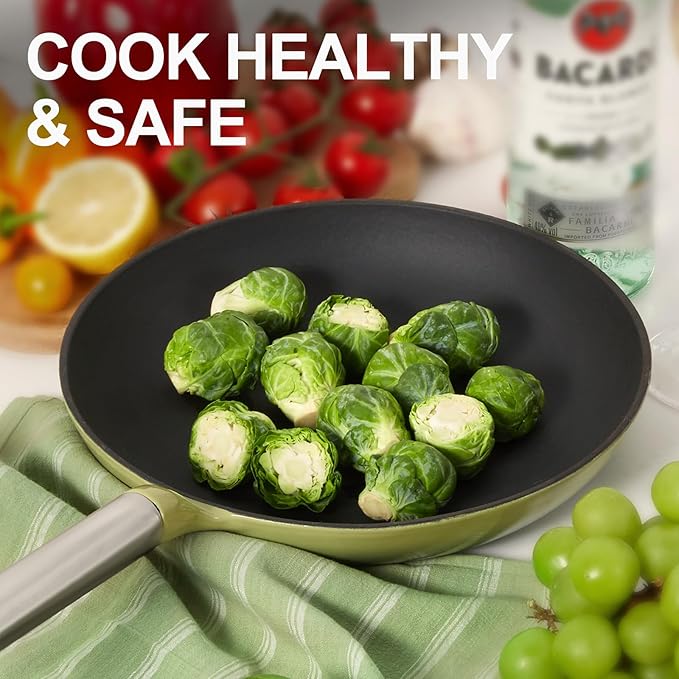 KOKHUB Upgraded 11 Inch Cast Iron Skillet, Titanium Enameled Nonstick Frying Pan, PFOA/PFAS-Free Cooking Pan, Dishwasher & Oven Safe Kitchen Cookware, Compatible with All Cooktops, Sage Green