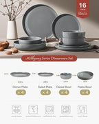 Famiware Milkyway Stoneware Dinnerware Sets with Pasta Bowls, Service for 4 (16 Pieces), Plates and Bowls Sets -Scratch Resistant, Microwave and Dishwasher Safe Dishes Set, Dark Gray