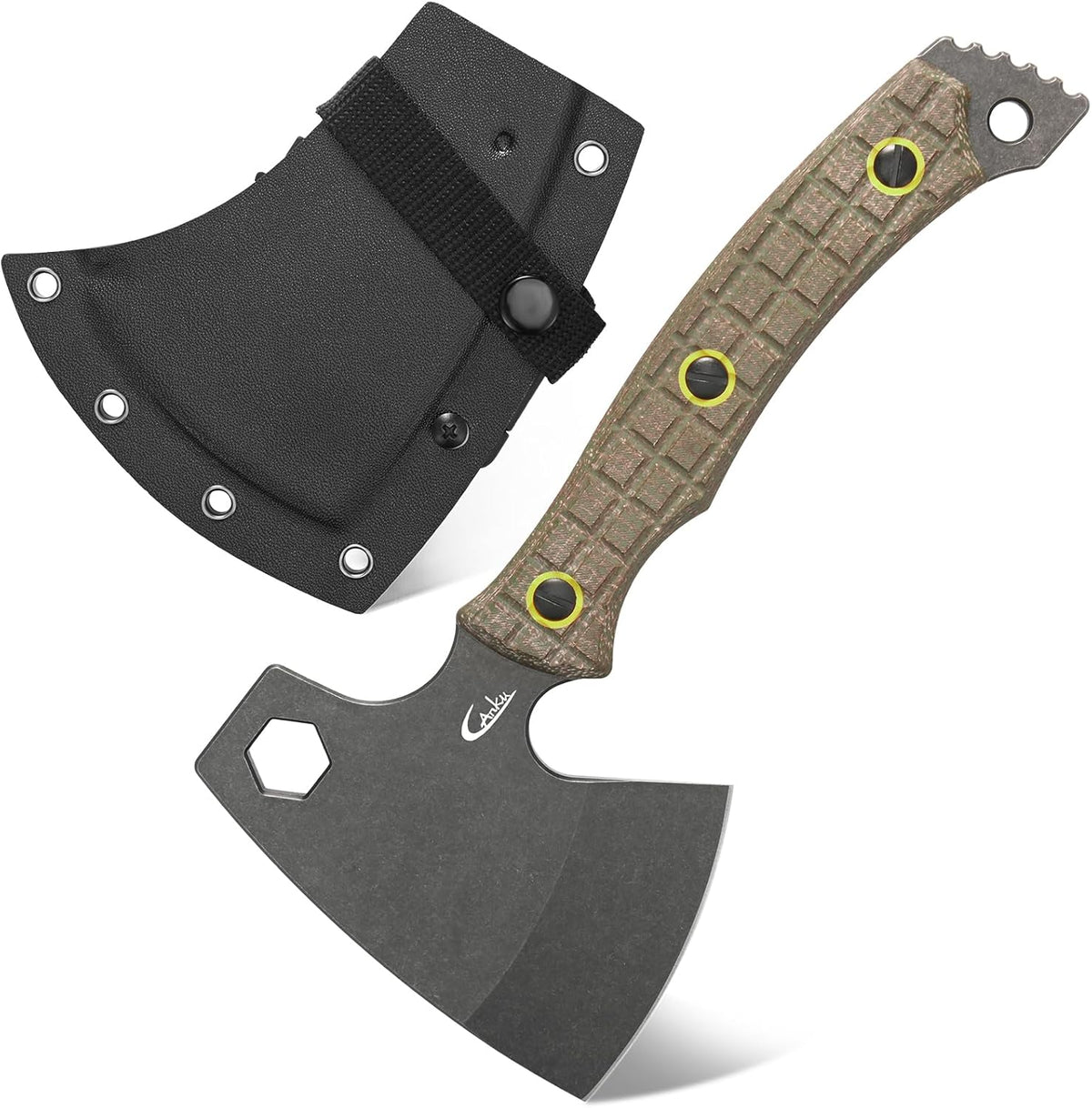 C1393 Camping Hatchet Survival Axe,DC53 Steel Blade with Micarta Handle Multitool Axe Hex Wrenches with Kydex Sheaths for Chopping Wood,Gardening,Outdoor Camping Hiking(Green)