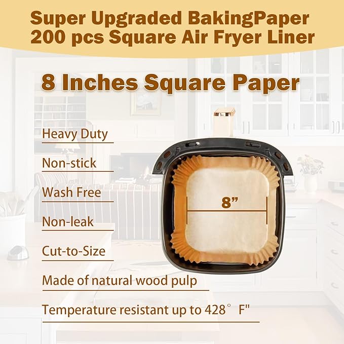 200 Pcs 8" Air Fryer Liner Square Baking Parchment Paper Airfryer Liners,Unbleached Disposable Non-stick & Non-Leak & Non-Washing Air Fryer Paper Liner for 5-8 QT Air Fryer Basket