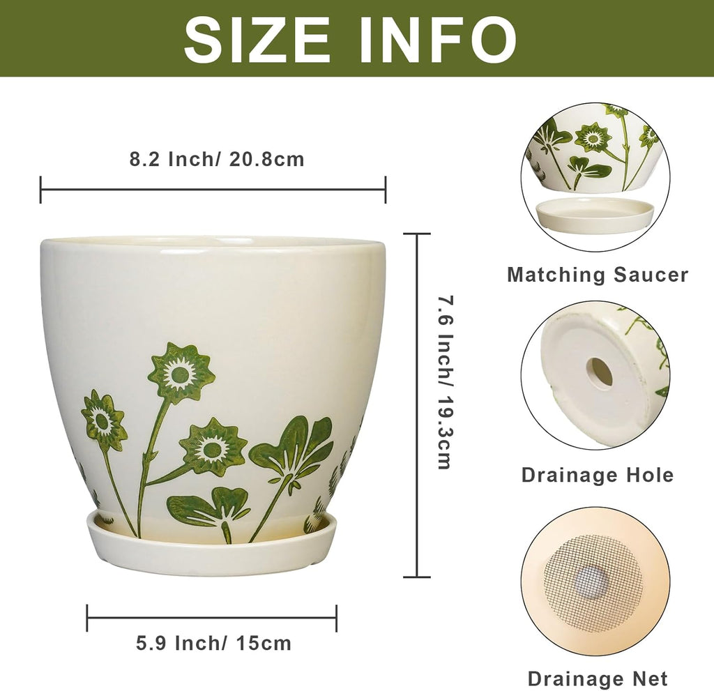 8.2 Inch Plant Pot - Ceramic Planter for Indoor Outdoor Flowers, Boho Round Decorative Indoor Flower Pot with Drainage Hole and Saucer, Gifts for Plant Lovers, Office Garden House Decor, White