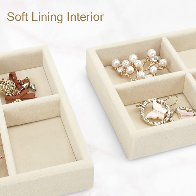 DesignSter Small Jewelry Tray-Ring Organizer 2PCS Premium Velvet Rings Earrings Display Tray Storage Insert Holder for Jewelry Box, Drawer, Dresser (4 Grids, Beige)