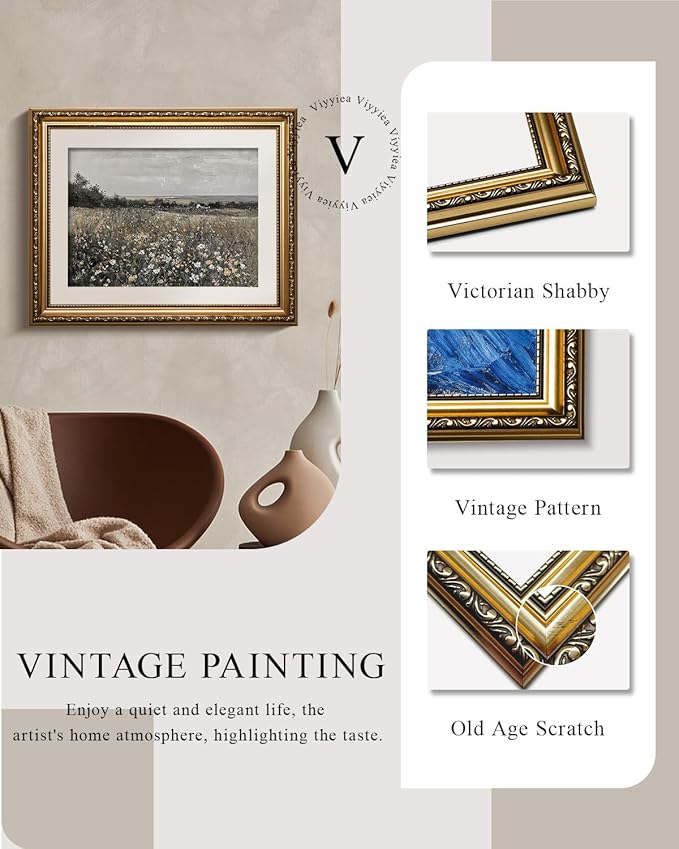 VIYYIEA Gold Framed Wall Art Canvas Print Home Decor Landscape Room Decor Art Meadow with Flowers Vintage Wall Art Decor Modern Farmhouse Decor Cottagecore Prints Bedroom Bathroom Office 13x16in
