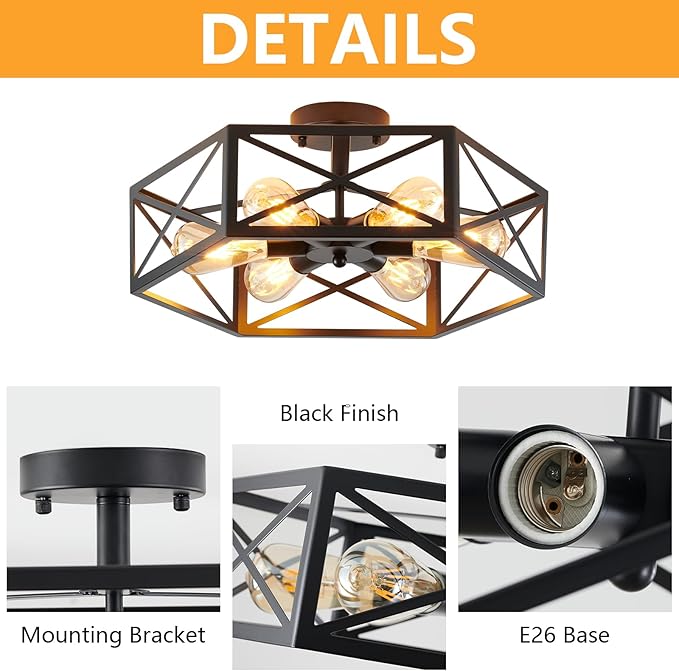 Industrial Semi Flush Mount Ceiling Light, 6 Light Modern Metal Close to Ceiling Light Fixture, Farmhouse Light Fixtures Ceiling Mount, Black Chandelier for Kitchen, Dining Room, Hallway