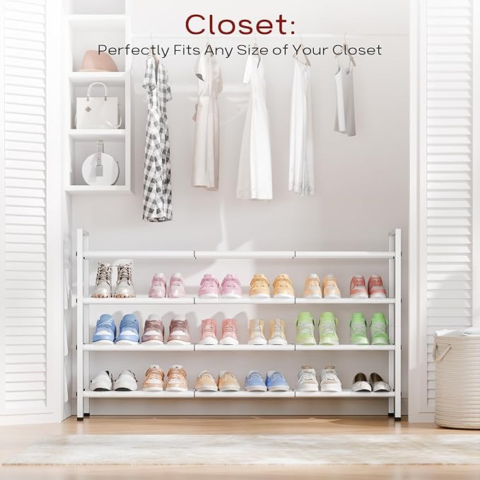 Bumusty 4-Tier Long Expandable Shoe Rack for Closet, 18"-44" Adjustable Shoe Rack for Entryway, 20-24 Pairs Large Shoe Organizer Shelf Storage, Sturdy Metal, White
