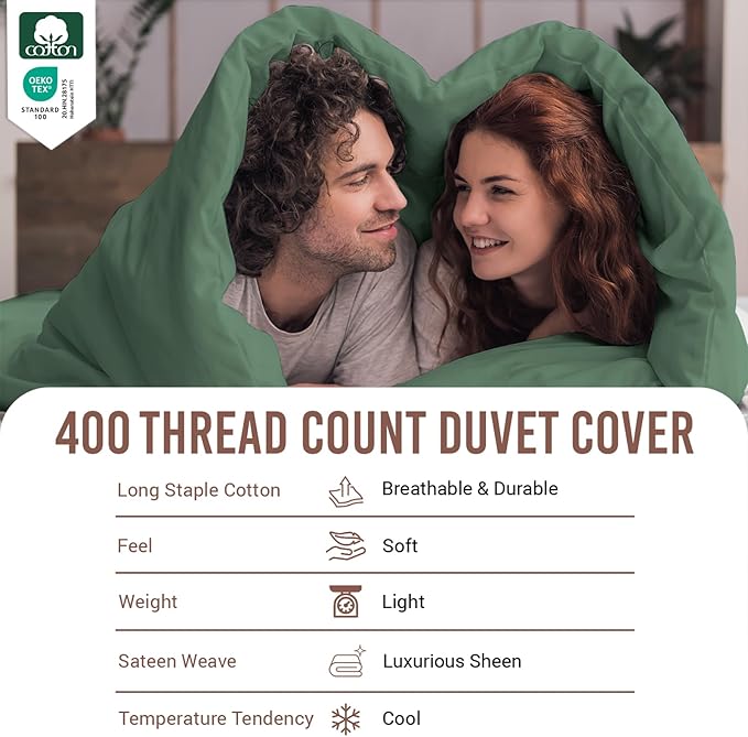 Pizuna Pure 100% Cotton Twin Duvet Cover Set, Luxurious 400 Thread Count Long Staple Cotton Sateen Weave with Button Closure (Combed Hedge Green Cotton Duvet Cover Twin)