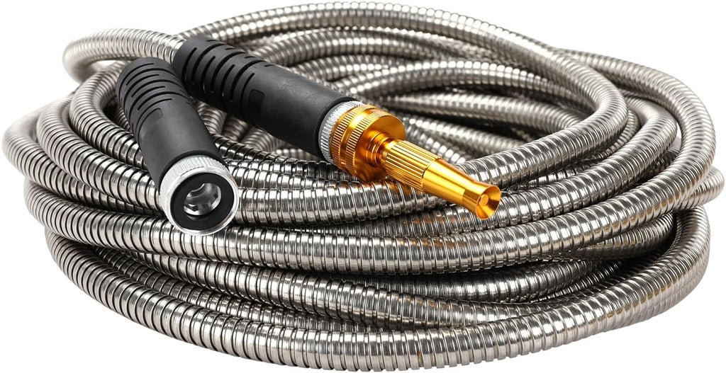 Melnor 97051AMZ XT Stainless Steel Garden Hose 5/8" x 50ft - Kink-Free - Lightweight - Rubberized Grips - Metal Twist Nozzle - Ultra Durable - Silver/Black