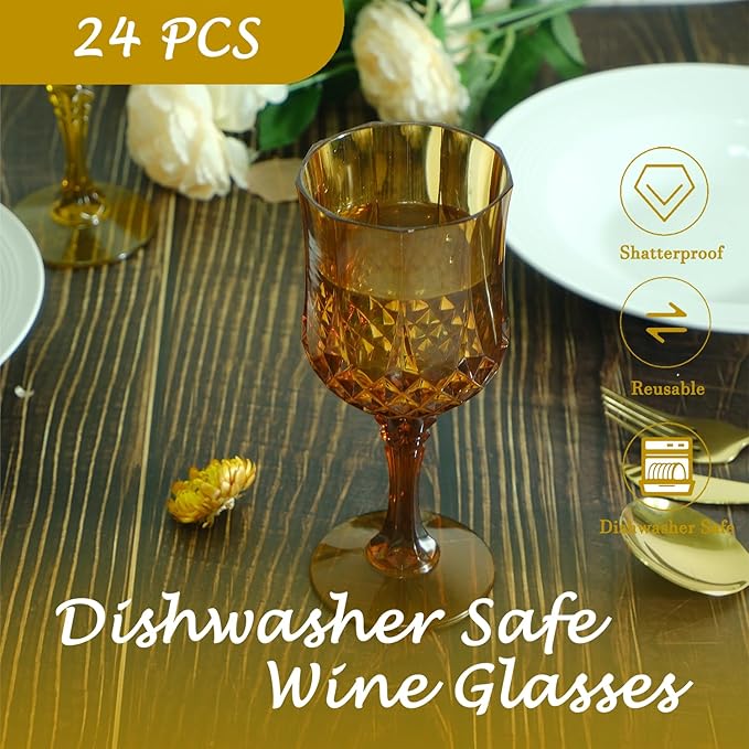 Plastic Wine Glasses，Plastic Goblets Vintage Style Cordial Drinking Glasses for Wedding Reception, Grand Event Party Supplies (24, Amber)