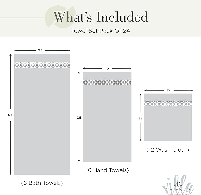 100% Cotton Bath Towel Set of 24-6 Bath Towels, 6 Hand Towels, 12 Wash Cloths, Sustainable, Soft, Highly Absorbent, Combed Cotton 24 Piece Set for Hotels, Spa, Bathroom, Dorm, Sage