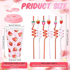 Yungyan 36 Sets Strawberry Party Favors Goodie Cups with Lids and Straws for Birthday Decorations Reusable 16oz Plastic Candy Cups Plastic Straws for Birthday Party (Strawberry)