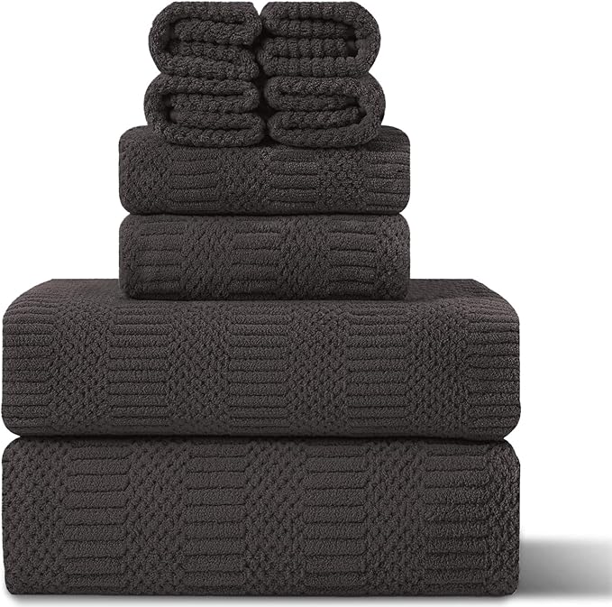 8 Piece Oversized Bath Towels Set Black Brown,2 Extra Large Bath Towel Sheets,2 Hand Towels and 4 Washcloths 600 GSM Highly Absorbent Quick Dry Towels Set for Bathroom Hotel