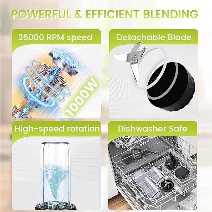 Smoothie Blender,1000W Max Blenders for Shakes and Smoothies in Kitchen, With Two Portable Bottle and Spout Lids(1 * 27oz&1 * 6.7oz),Coffee Grinder, 3 Modes Nutritional Recipe Blender,Black