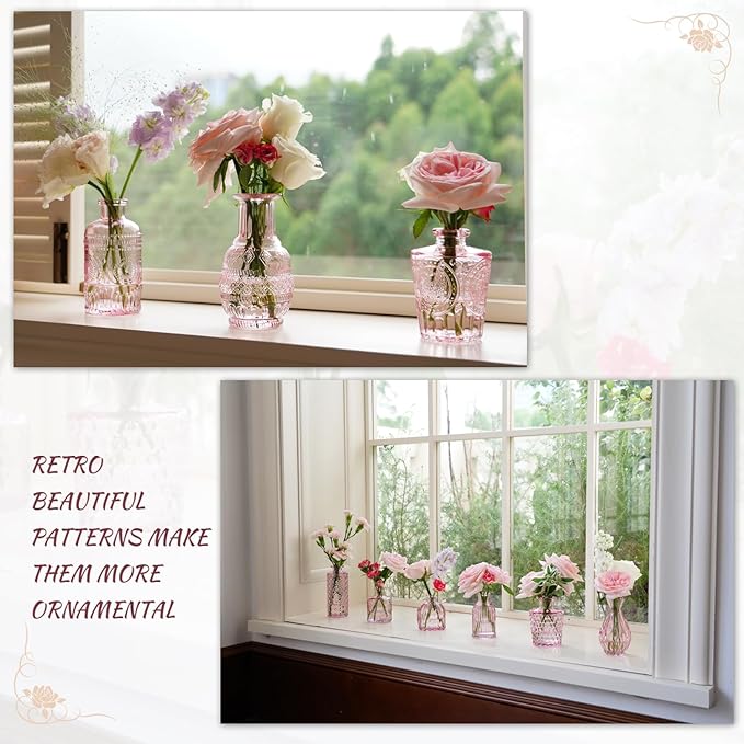 Pink Glass Bud Vase Set of 22, Small Vases for Flowers, Clear Glass Vases for Centerpieces, Mini Bud Vases in Bulk Rustic Wedding Decorations, Centerpieces, Vintage Look Home Table Flower Decor