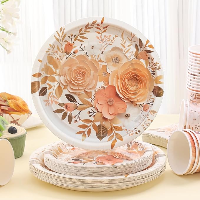 Boho Plates and Napkins Sets for 25 Guests, Floral Birthday Party supplies for Boho Fall Party Decorations