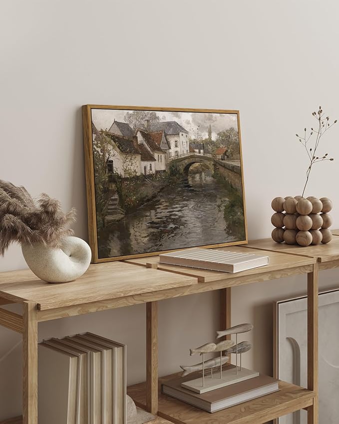 InSimSea Framed Canvas Wall Art Vintage Decor, Landscape Wall Art, Riverside Small Town Large Canvas Prints Home Decor, Rustic Farmhouse Wall Decor for Bedroom Living Room, 16"x24"