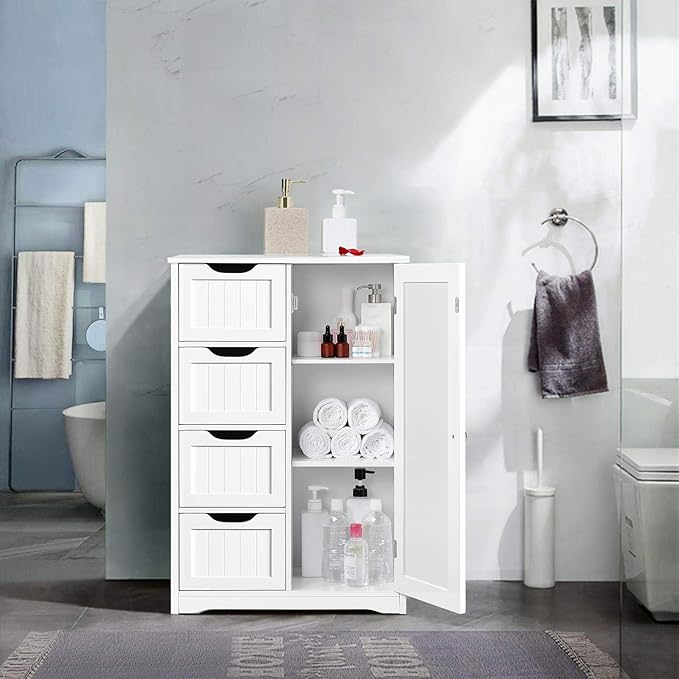 Yaheetech Wooden Floor Cabinet, Side Storage Organizer with 4 Drawers and 1 Cupboard, Freestanding Entryway Storage Unit Console Table, Bathroom Furniture Home Decor, White