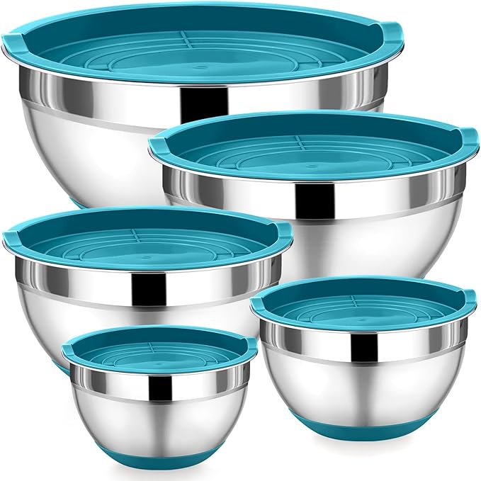 P&P CHEF Mixing Bowls with Lids Set of 5, Stainless Steel Nesting Salad Bowl with Lid & Base for Non-slip Mixing Prepping Storing Serving, 5 Sizes-7/3.5/2.5/1.5/1 QT, Blue