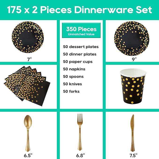 Black and Gold Party Supplies - 350 PCS Disposable Dinnerware Set - Black Paper Plates Napkins Cups, Gold Plastic Forks Knives Spoon for Halloween, Graduation, Birthday, Cocktail Party