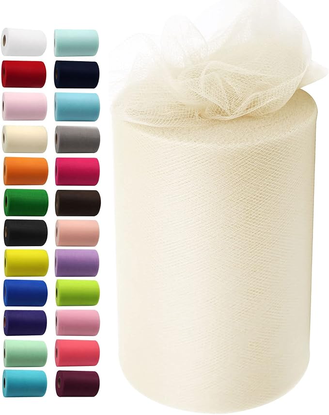 Ivory Tulle Fabric Rolls 6 Inch by 100 Yards (300 feet) Fabric Spool Tulle Ribbon for DIY Ivory Tutu Bow Baby Shower Birthday Party Wedding Decorations Christmas Craft Supplies