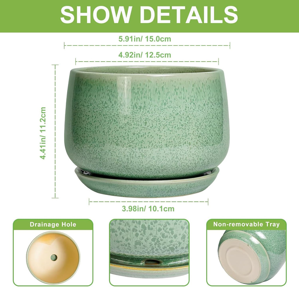 G EPGardening Ceramic Pots for Plants - 6 Inch Plant Pot with Drainage Hole and Saucer, Modern Ceramic Planter for Indoor Outdoor, Round Flower Planter, Gifts for Plants Lovers, Home Decor, Green