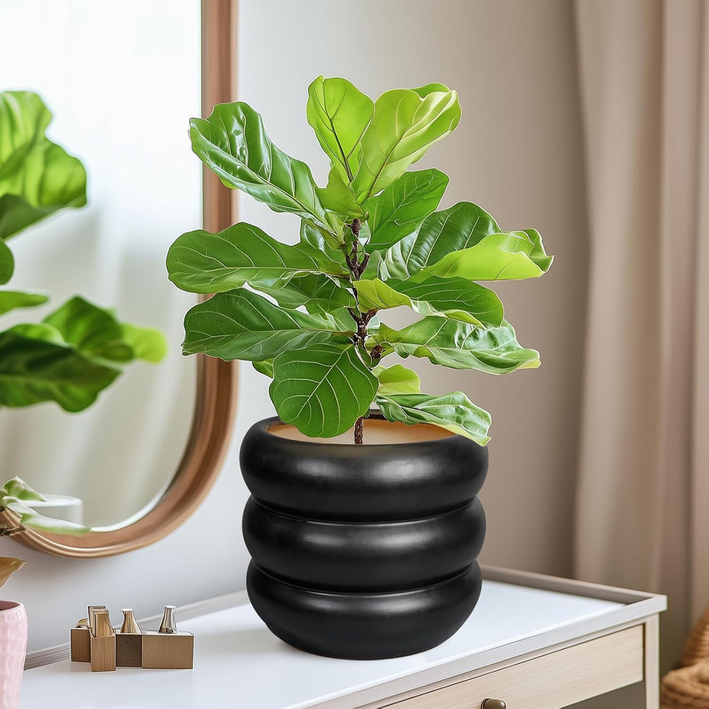 SQOWL Ceramic Pot for Plants 8 Inch - Indoor Plant Pot with Drainage Hole Planter for Outdoor Plants Modern Flower Pot Round Planter for House Home Decor Living Room Black