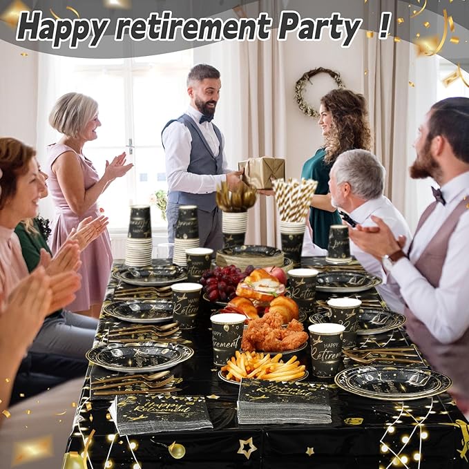 452 Pcs Black Gold Retirement Decorations Supplies for 50 Guests, Happy Retirement Paper Plates Napkins Cups Tablecloth Cutlery Straws Disposable Tableware Set for Men Women