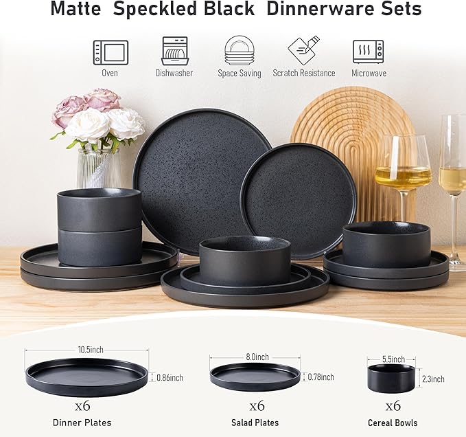 GBhome Ceramic Dinnerware Sets for 6, Matte Stoneware Plates and Bowls Sets,Chip and Scratch Resistant Dishes, Dishwasher & Microwave Safe, Oven safe,Reactive Glaze-Speckled Black