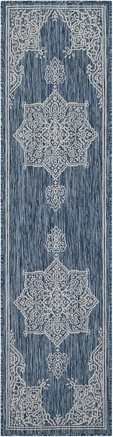 Unique Loom Outdoor Traditional Collection Area Rug - Antique (2' x 8' Runner Blue/Ivory)