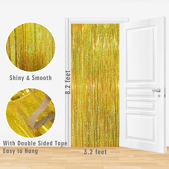 GOER 6.4 ft x 8.2 ft Metallic Tinsel Foil Fringe Curtains,Pack of 2 Party Streamer Backdrop for Birthday,Graduation Decorations and New Year Eve (Shiny Gold)