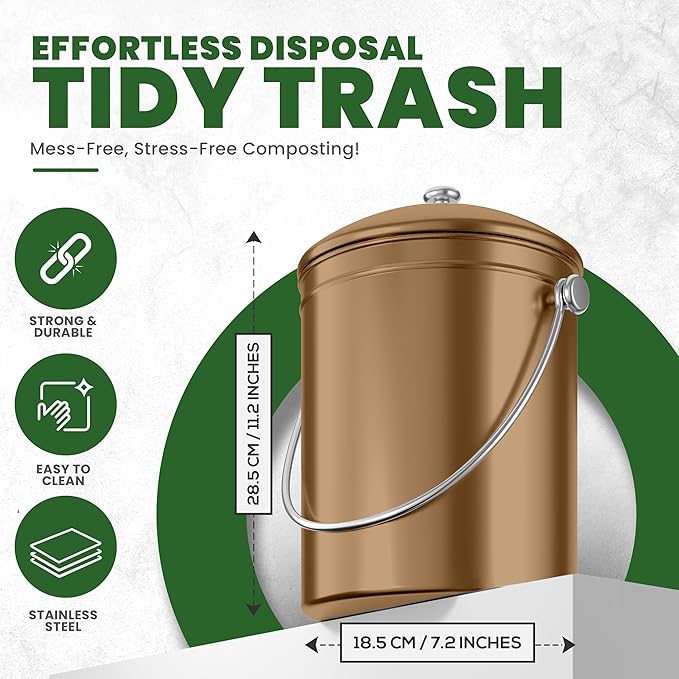 Utopia Kitchen Compost Bin for Kitchen Countertop, 1.3 Gallon Compost Bucket for Kitchen with Lid, Includes 1 Spare Charcoal Filter (Bronze)