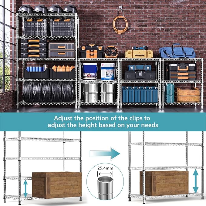 Steel Storage Shelving 6-Tier Utility Shelving Unit with Wheels, Steel Organizer Wire Rack for Home,Kitchen,Office,Garage,17.7" D x 47.2" W x 76.7" H