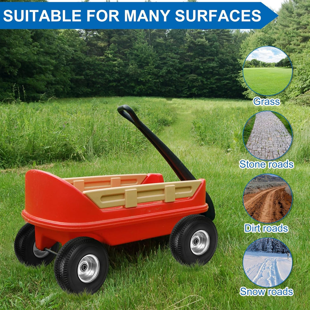 4.10/3.50-4" Flat Free Tires, 10 Inch Solid Tires and Wheels Replacement with 5/8" Axle Bore Hole, 2.2" Offset Hub for Hand Truck, Garden Cart, Lawn Cart, Wheelbarrow, 2 Pack