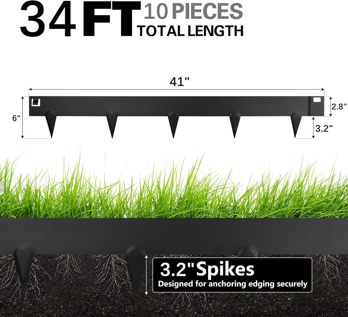 Worth Garden 10-Pack (34Ft Total) Galvanized Steel Landscape Lawn Edging - 6 in. H Bendable Metal Strips - Hammer-in 18-Gauge Flexible Black Edging Border - Yard Pathway Divider - Buckle Connection