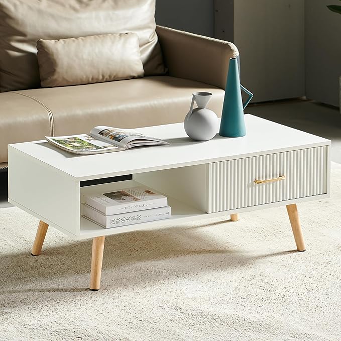 Mid Century Wooden Coffee Table with Stripe Drawer，Modern 41" Large Center Table with Storage，Rectangular White Coffee Tables for Living Room, 2-Tier Cocktail Table, Solid Wood Legs