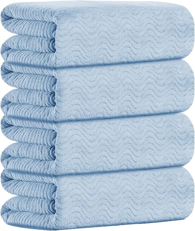 Blue Bathroom Towels Set Of 4, 35x70 Inches Oversized Bath Towels Extra Large Microfiber Shower Towels Textured Ultra Soft Absorbent Quick Dry Towel Bath Sheets Towels For Adults Bathroom Hotel Spa