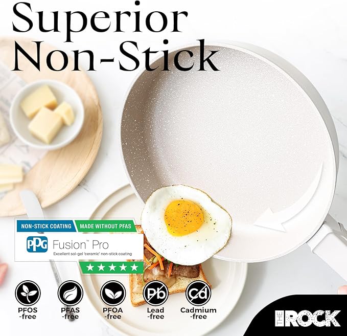 THE ROCK SOHO 11-Inch Non Stick Frying Pan with Lid–Nothing Sticks, Never Warps, Lasts Longer, Ceramic Non Toxic Skillet with Heat-Resistant Handle, PTFE PFOA&PFAS Free, Oven & Dishwasher Safe, Cream