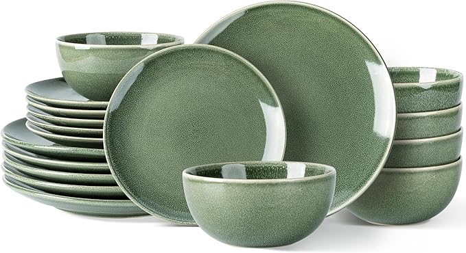 AmorArc Ceramic Dinnerware Sets for 6, 18 Pieces Handpainted Plates and Bowls Set, Scratch Resistant Stoneware Dishes Set, Dishwasher & Microwave Safe, Jade Green