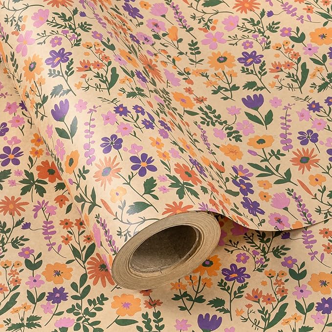 WRAPAHOLIC Kraft Floral Wrapping Paper Roll - Mini Roll - 17 Inch x 16.5 Feet - Vintage Flower Wrapping Paper, Perfect for Wedding, Birthday, Bridal Shower, Tea Party