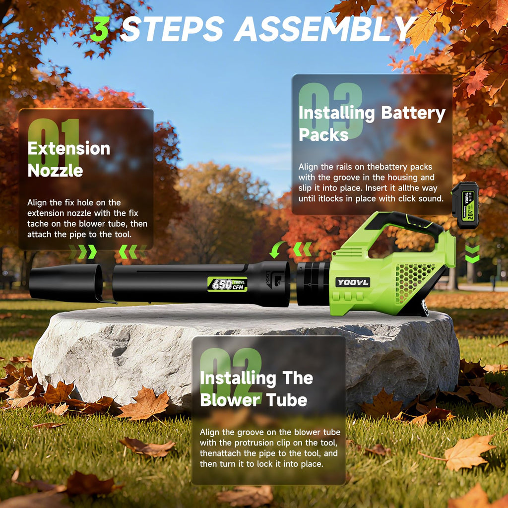 Leaf Blower Cordless, 650CFM Electric Leaf Blowers with 2 x 5.2Ah Batteries and Charger, 3 Speed Modes, 1 x Adjustable Shoulder Strap, Powerful Snow Blowers for Lawn Care, Patio, Dust, Blowing Leaves
