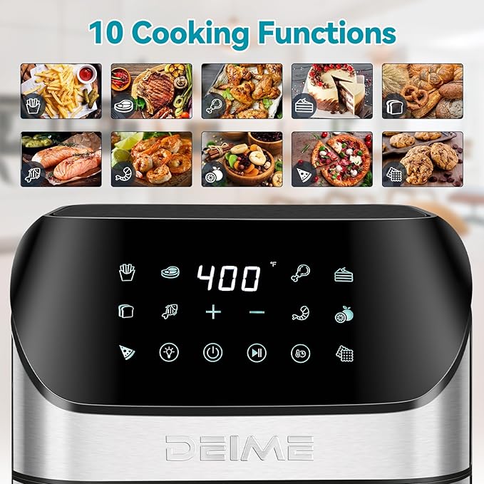 DEIME Air Fryer 6.2 QT Oilless 1500W Large Capacity Oven Air Fryers Healthy Cooker with 10 Preset, Visual Cooking Window, Non-Stick Basket, Included Recipe