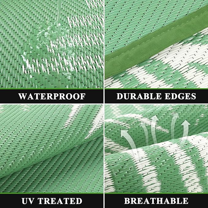 Pauwer Waterproof Outdoor Rug 6x9, Reversible Plastic Straw Patio Camping Rug, Indoor Outdoor RV Mat Carpet for Deck, Camper, Porch, Balcony, Backyard, Picnic, Leaf Green
