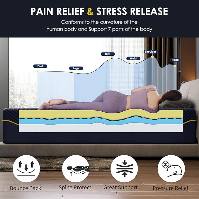 14 Inch King Mattress Memory Foam Medium with Green Tea Cooling Gel, CertiPUR-US Certified, Breathable & Supportive Mattress in a Box, Navy Blue