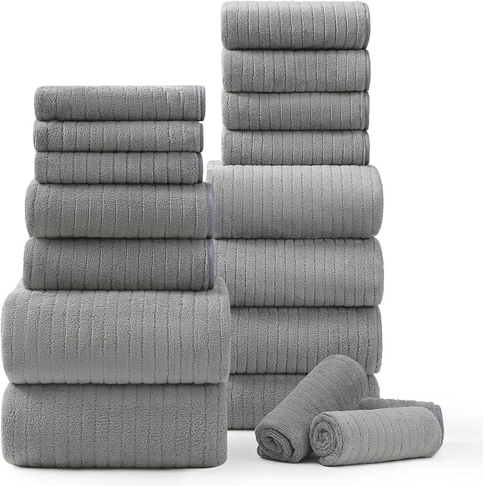 18 Piece Bath Towels Set,Ultra Soft Family Bathroom Towel Set with Hanging Loops-6 Bath Towels,6 Hand Towels,6 Washcloths,Highly Absorbent Quick Dry Shower Towel for Bathroom,Hotel,Spa-Grey Towel Set