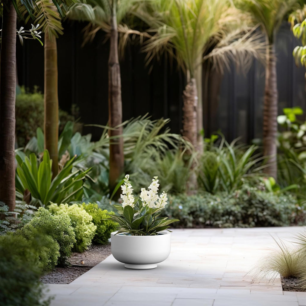 Kante 13.8 Inch Dia Concrete Bowl Planter, Large Tapered Bottom Plant Pot with Drainage, Smooth White Finish with Aqua Blue Interior, Ideal for Porch, Home, Garden, Patio