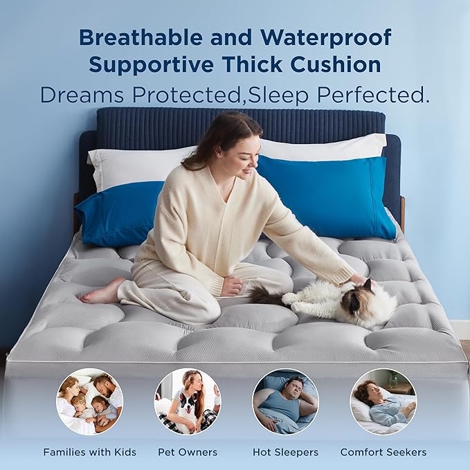 Bedsure Waterproof Mattress Topper King - Pillow Top King Mattress Protector with 8-21 Inches Deep Pocket, 800 GSM Extra Thick Bed Pad Fitted, Soft Bed Cover for Home, Bedroom, Hotel - Grey