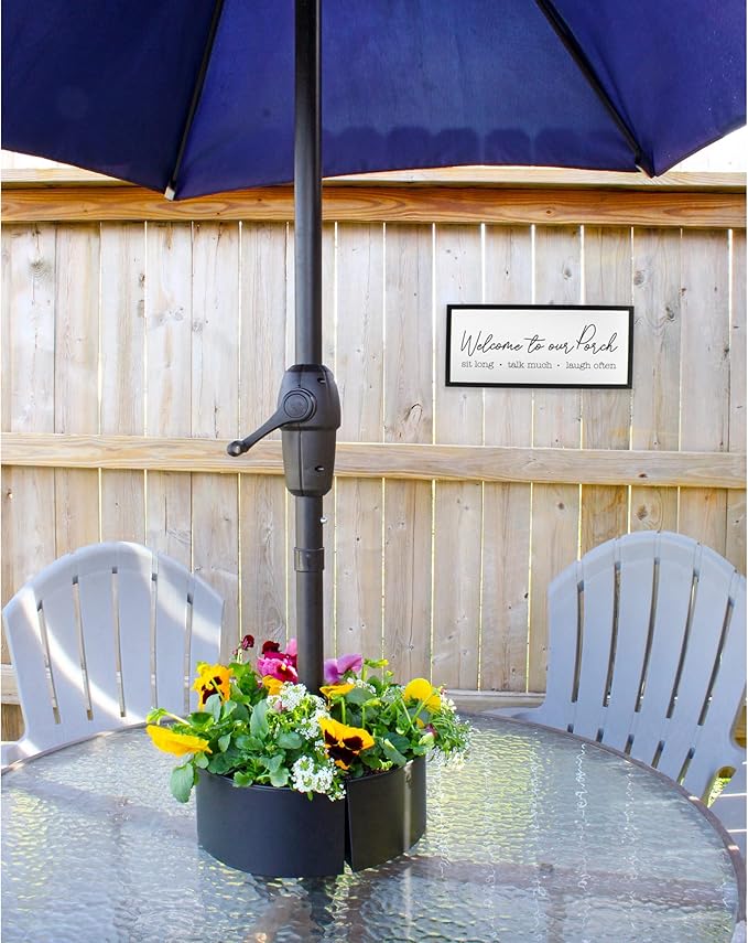 AuldHome Design Umbrella Planter for Patio Table w/Umbrella Hole (Black), Enamelware Half-Circle Planter Pots